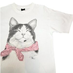 Vintage Earth Tones Virgina Miller Cat With Bandana T Shirt  Large White 90s